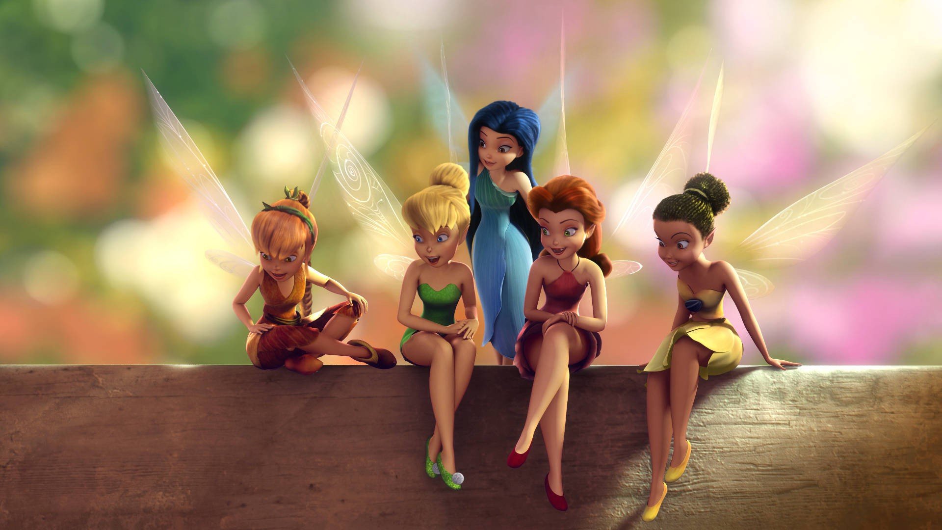 tinker bell la fée ding-ding assis les fées les elfes les filles des créatures mythiques les dessins animés les ailes les robes habillement entretien cheveux multicolores les couleurs la luminosité la bande dessinée