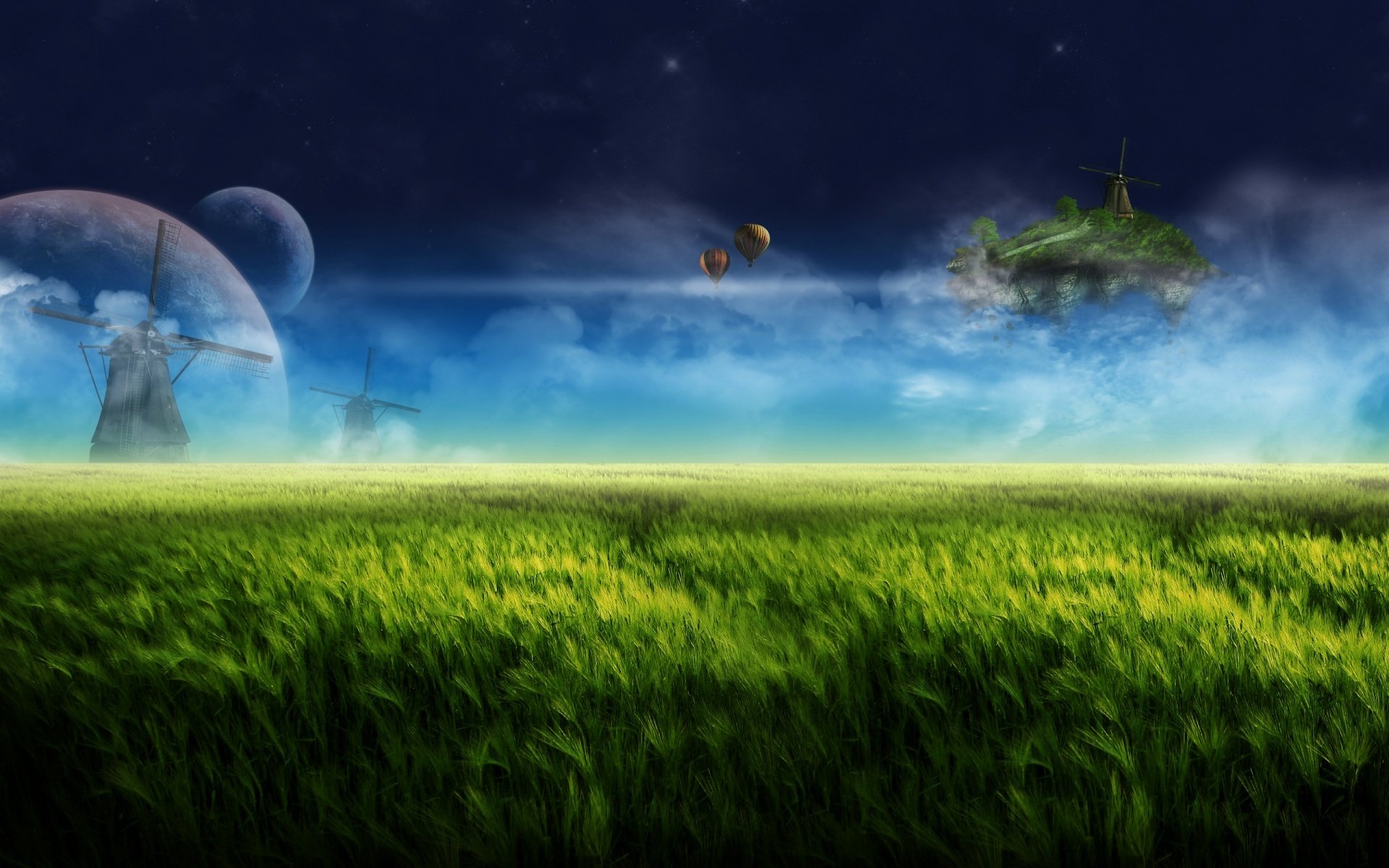 hintergrundbilder digital bauernhof fantasie landschaft weiden mondlicht traum himmel nacht wolken fliegende insel mühle planeten fantasie kräuter wiesen fliegende insel luftballons