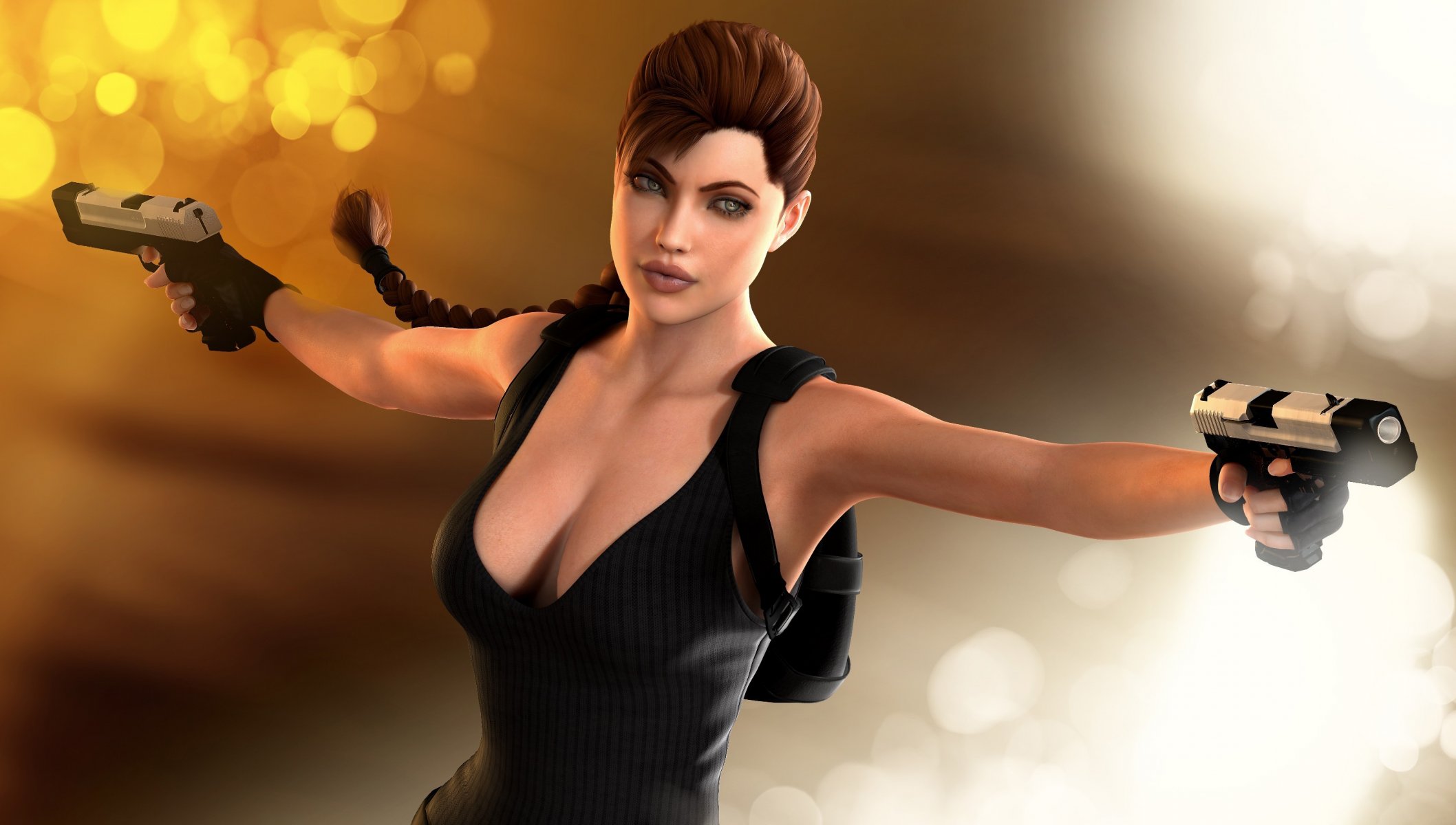 angelina jolie lara croft tomb raider ragazza pistole modello 3d sfondo luci rendering arte di pitoxlon