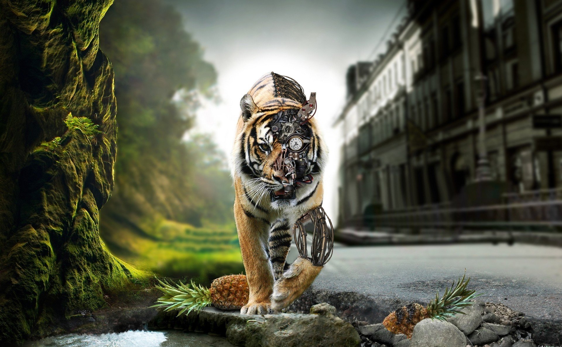 cyborg tigre mecanismo naturaleza ciudad piñas