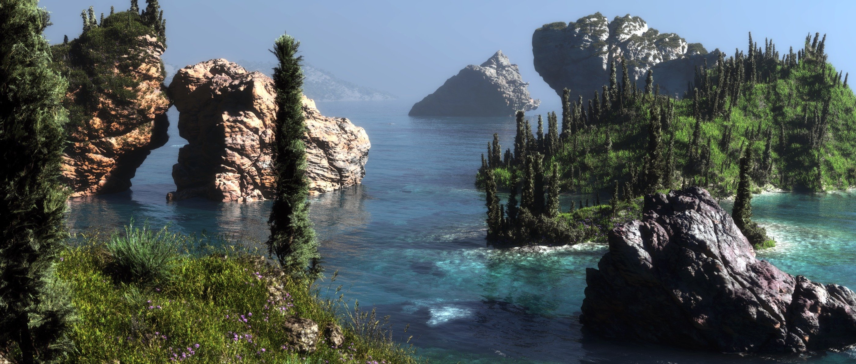 art klontak landscape sea rock forest hills flower