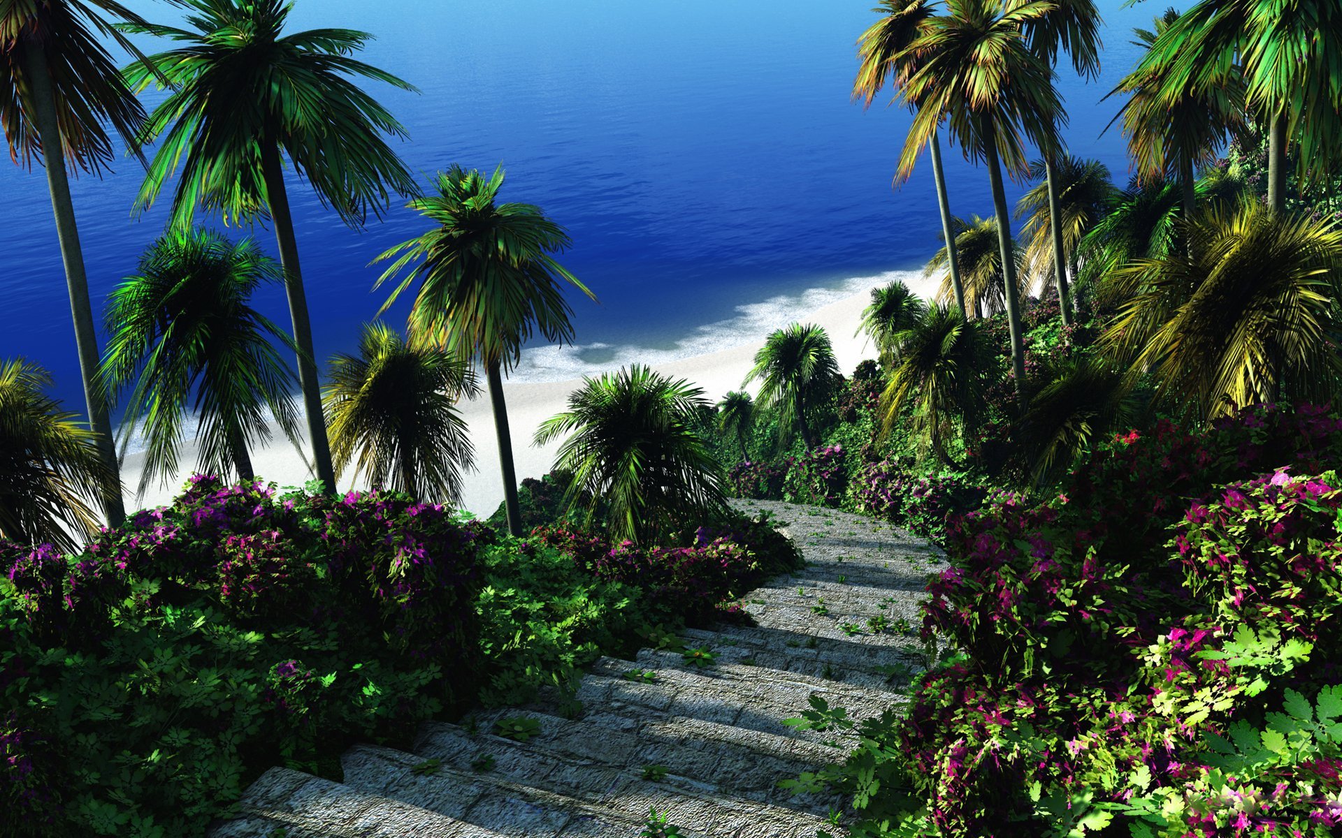 tropics palm stairs a step sea green flower