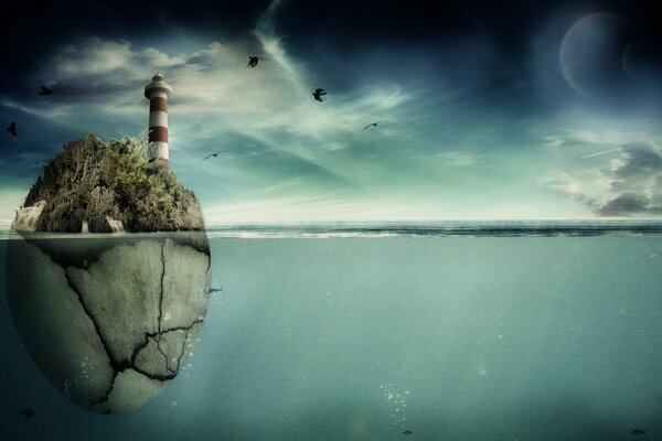 Art of the rock in the sea on which the lighthouse is located