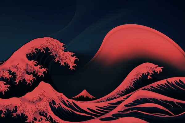 Red waves with foam in the ocean