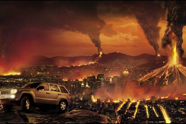 Jeep en medio del Apocalipsis y los volcanes
