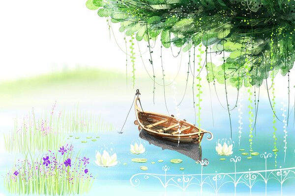 Dibujo de un barco en un lago con nenúfares