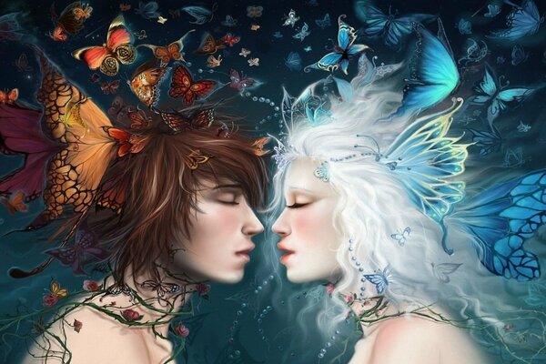 Art of the magic kiss of a guy and a girl