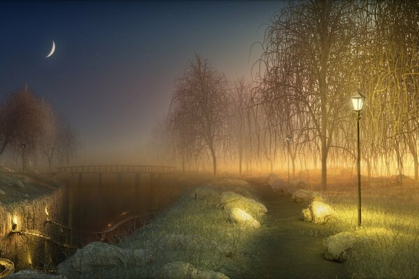 Capilla de la noche, brilla un mes brillante, hay árboles en la niebla