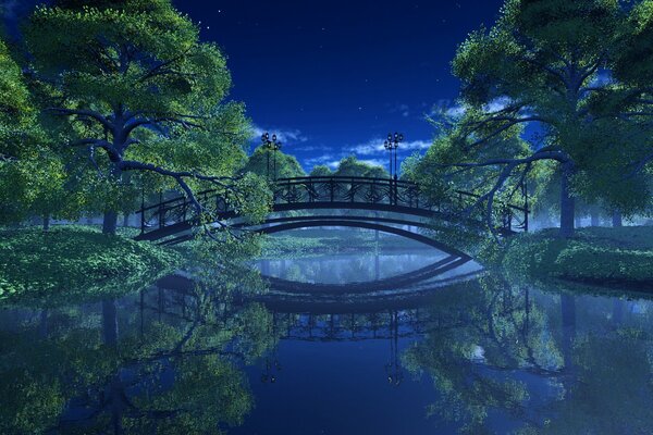 Nachtlandschaft des Parks mit Brücke über den Fluss