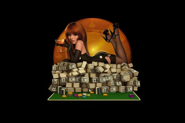 A girl with a glass on the table with money