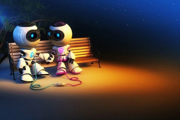 Robot love couple on a bench at night