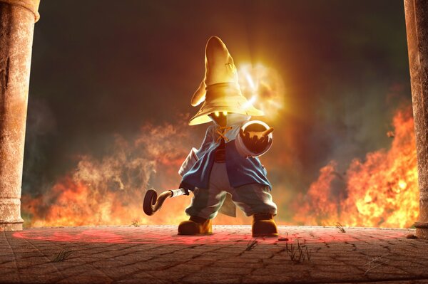 A wizard in a hat with a staff holds a magic fireball in his hand
