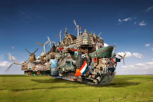 Amsterdam en forma de una ciudad-barco con molinos de viento