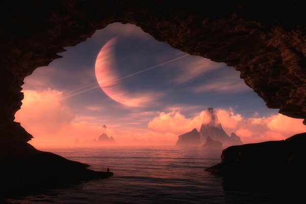 Pink sunset through the cave