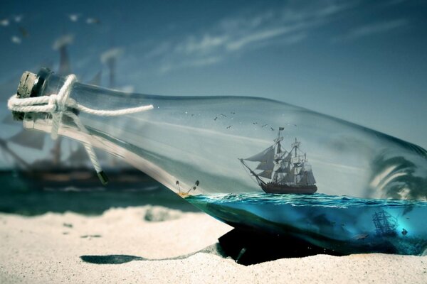 A ship in a bottle on the water surface