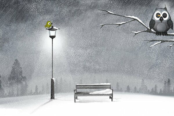 Winter image of a park with a bench, an owl and a lantern