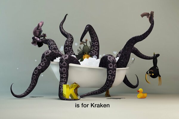 Kraken in a bubble bath with toys