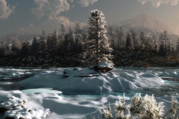 Bosque de invierno con río y nieve