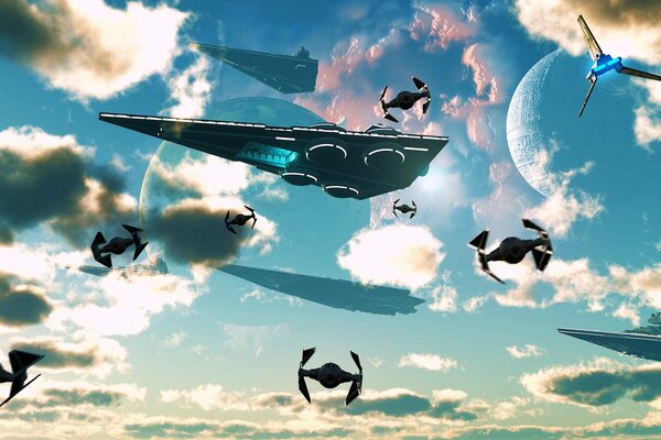 Warships from the future in the sky