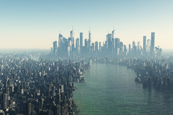 The city of the future with skyscrapers and a river