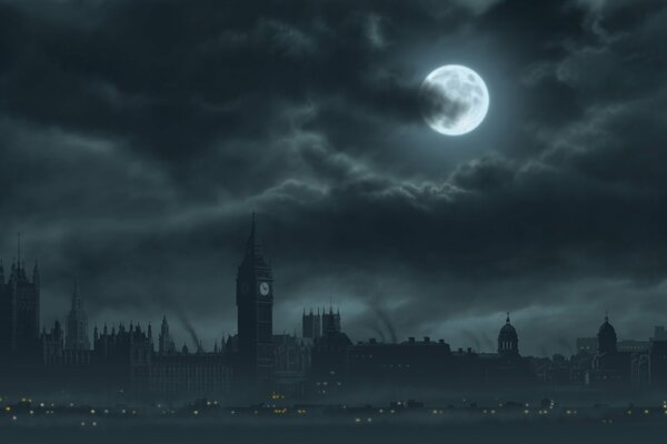 Imagen de un Londres gris con una Luna brillante