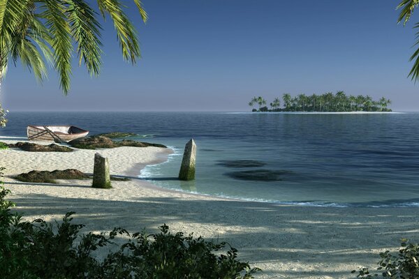 Seascape with beach and palm trees