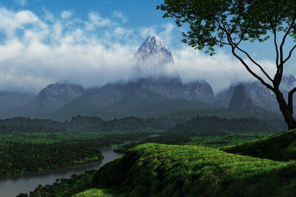 A river and green hills near a mountain covered with clouds