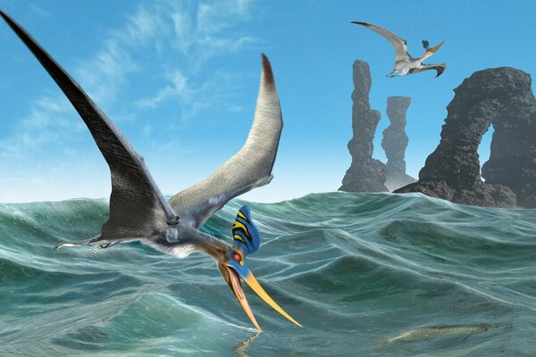 Flug eines Pterodaktyls auf den Wellen des Meeres