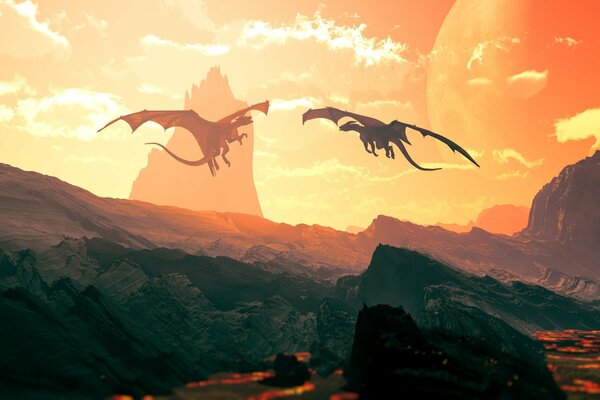 Two dragons on the background of the valley