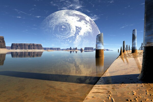 The planet earth is reflected in the water