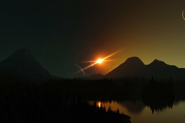 Sunrise, reflection of rays in the lake