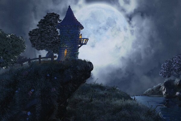 Torre sopra il fiume di notte lunare