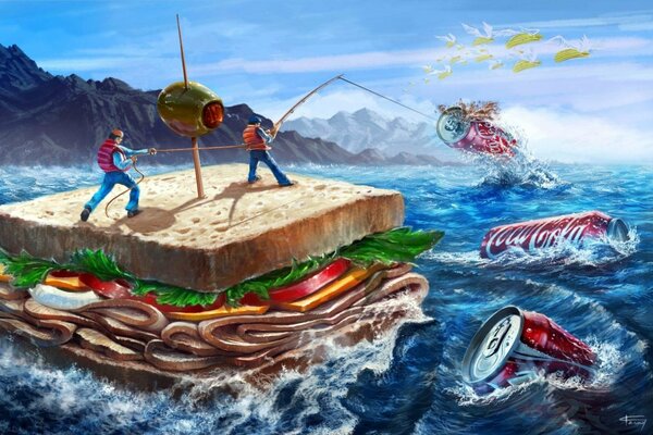 Gente pescando en el mar en sándwiches cogiendo Coca cola