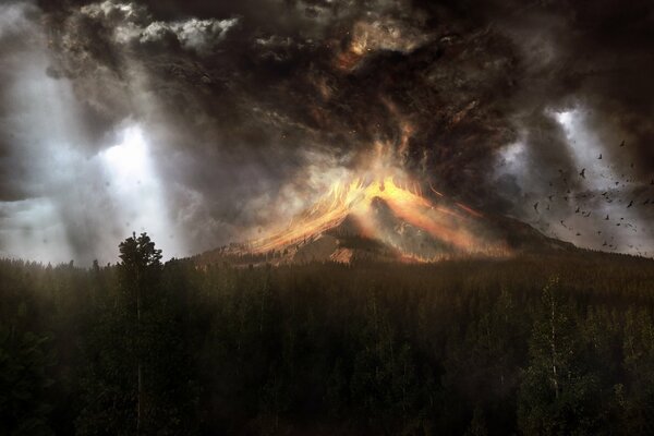 L éruption d un volcan, près de la forêt