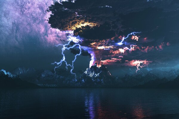 Volcanic eruption in the night sky