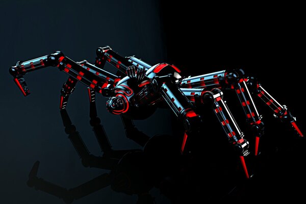 Araña de robot de metal con luz roja