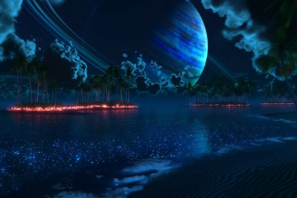 Fantastica immagine del pianeta sullo sfondo di luci notturne