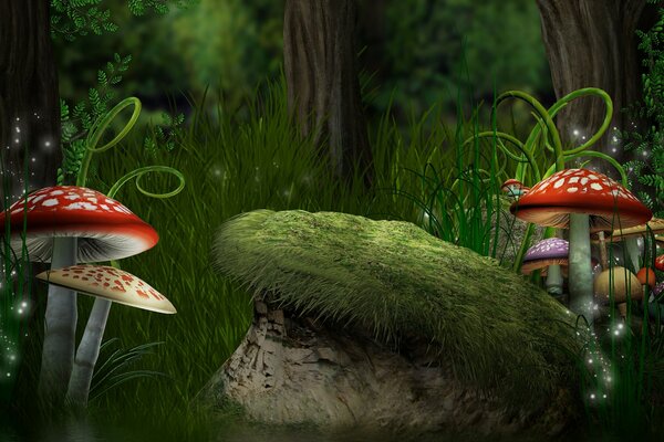 Fly agaric and stump in the fairy forest