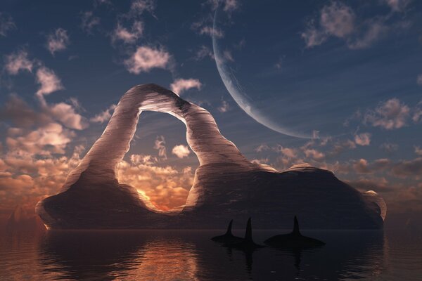 Whales swimming past an iceberg in the shape of an arch