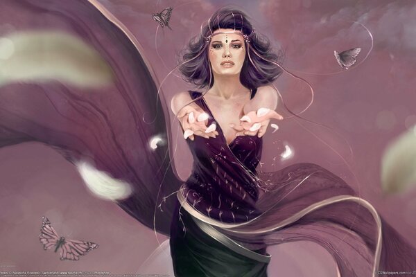 Kunst, Frau streckt ihre Hände vor dem Hintergrund des violetten Himmels mit schwebenden Schmetterlingen aus