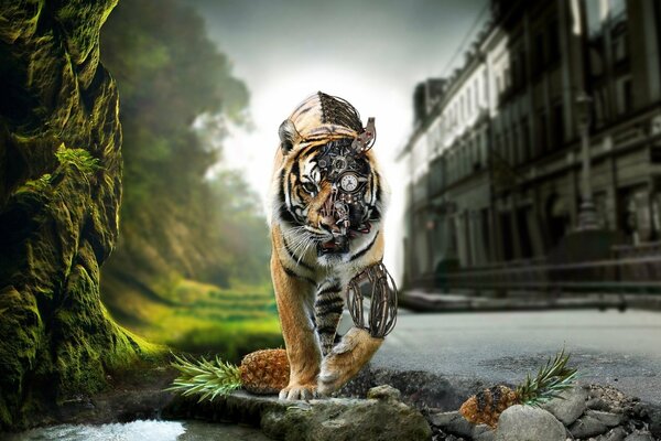 Tiger-cyborg en la realidad mixta de la ciudad y la naturaleza