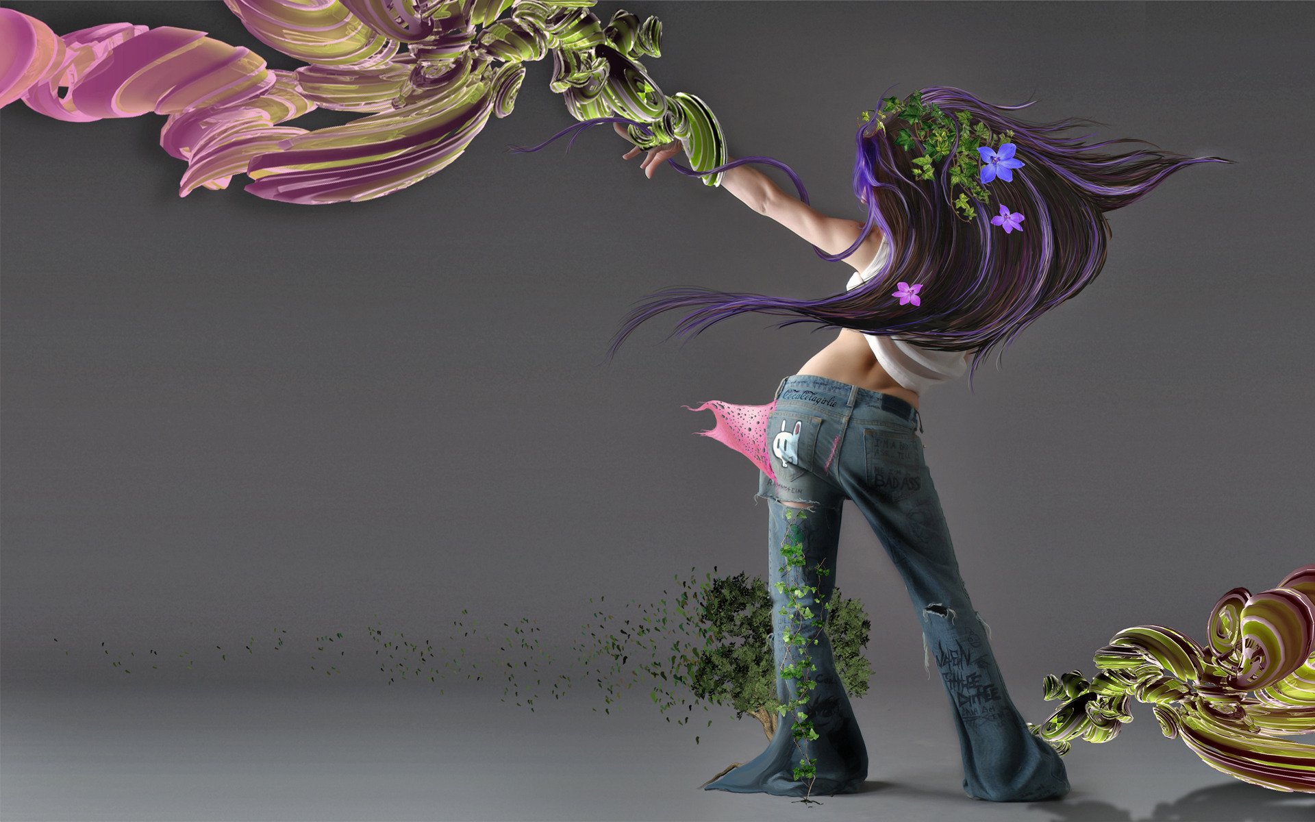 background girl jeans views rear flower