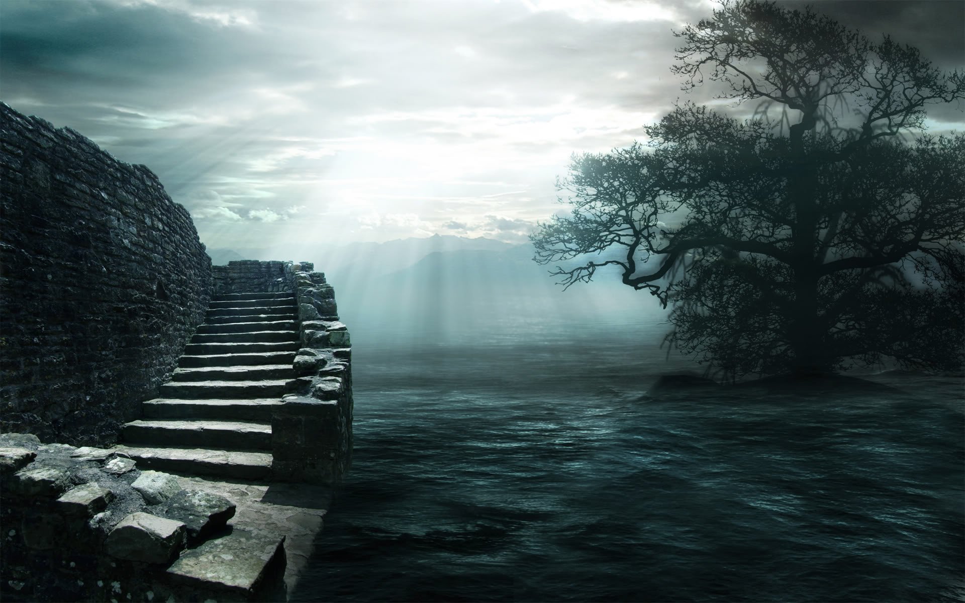 l eau l escalier les pierres le bois la lumière les nuages