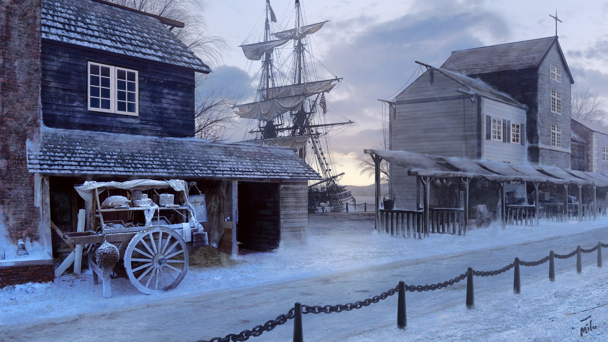 winter house ship sailboats road wagon