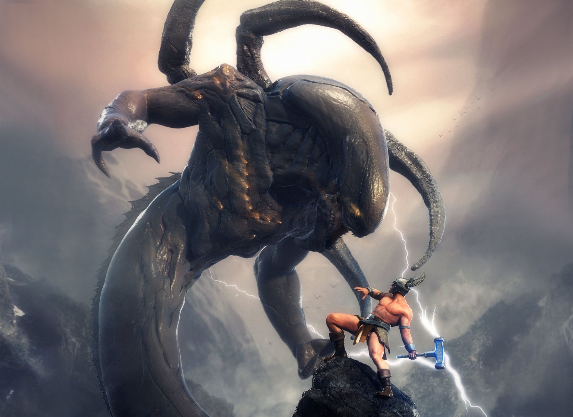 3d monster battle thor myth fantasy warrior lightning battle rock