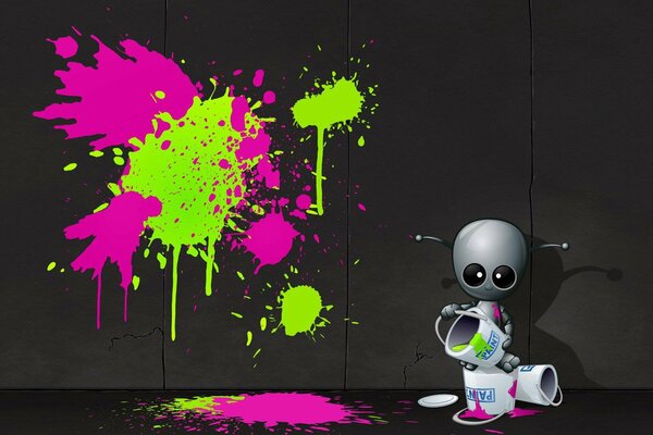 Un pequeño robot de dibujos animados pinta en la pared con colores brillantes 3D