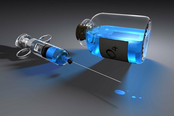 Bright blue acid in a syringe and a vial