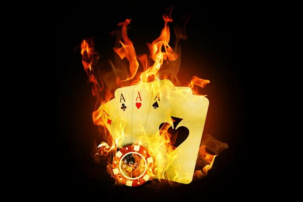 Playing cards and chips on fire