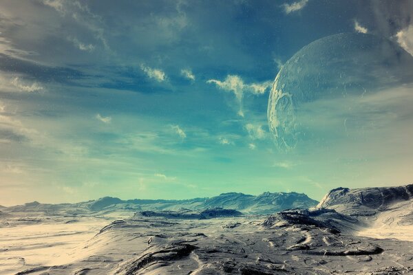 Paesaggio alieno con deserto e cielo blu