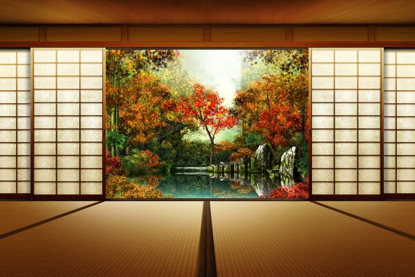 Belle porte japonais avec un paysage d automne